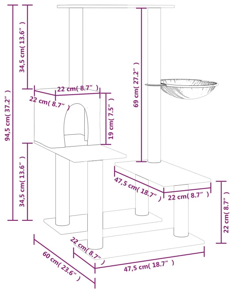 vidaXL Γατόδεντρο Σκούρο Γκρι 94,5 εκ. με Στύλους Ξυσίματος από Σιζάλ