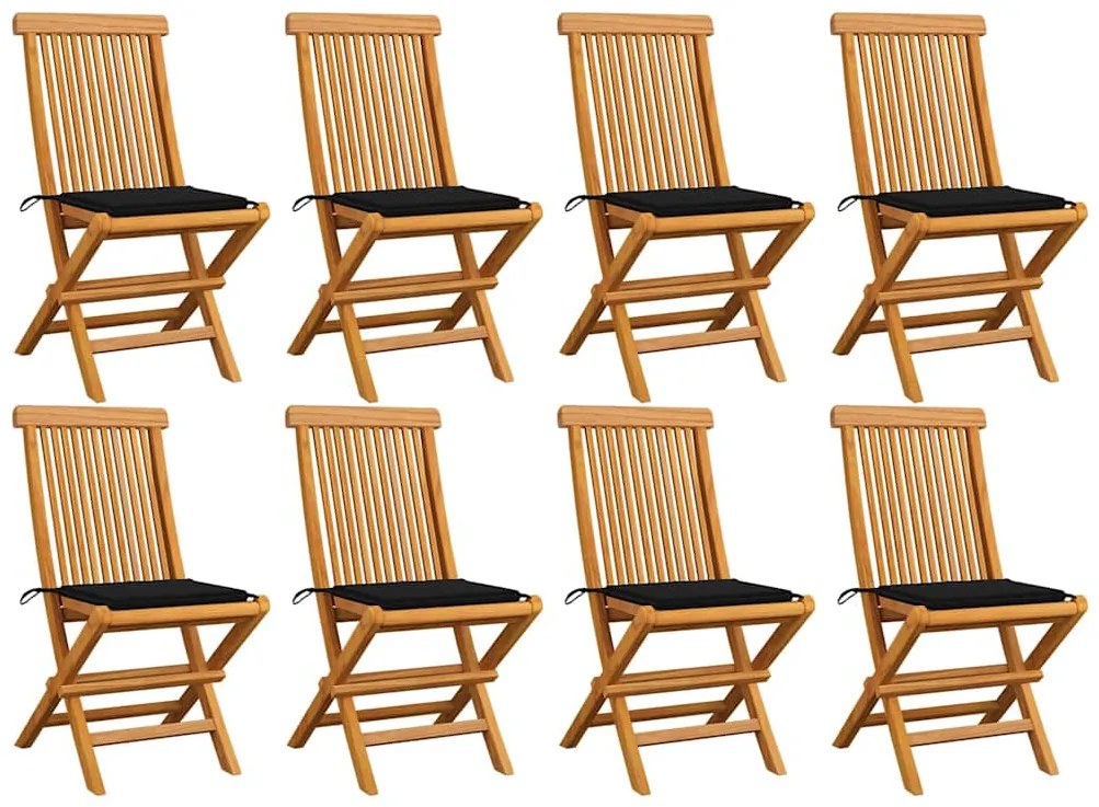 vidaXL Καρέκλες Κήπου 8 τεμ. από Μασίφ Ξύλο Teak με Μαύρα Μαξιλάρια