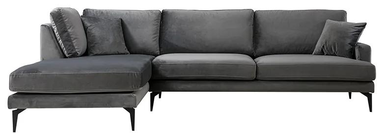 Γωνιακός καναπές Fortune pakoworld δεξιά γωνία βελούδο ανθρακί-μαύρο 283x180x88εκ - Βελούδο - 071-001139