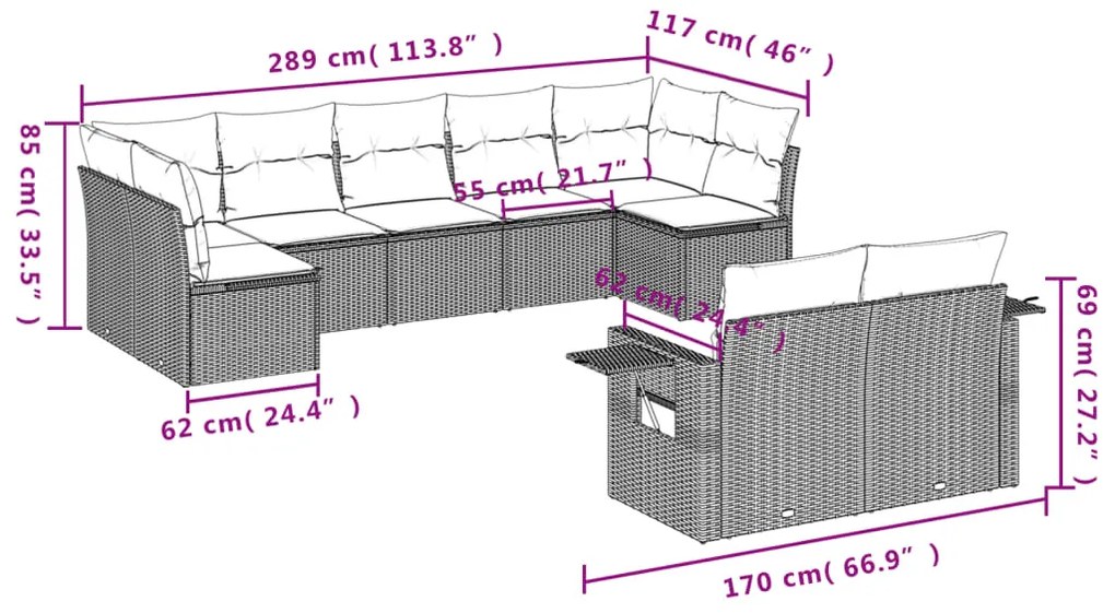 vidaXL Σαλόνι Κήπου Σετ 9 τεμ. Καφέ από Συνθ. Ρατάν με Μαξιλάρια