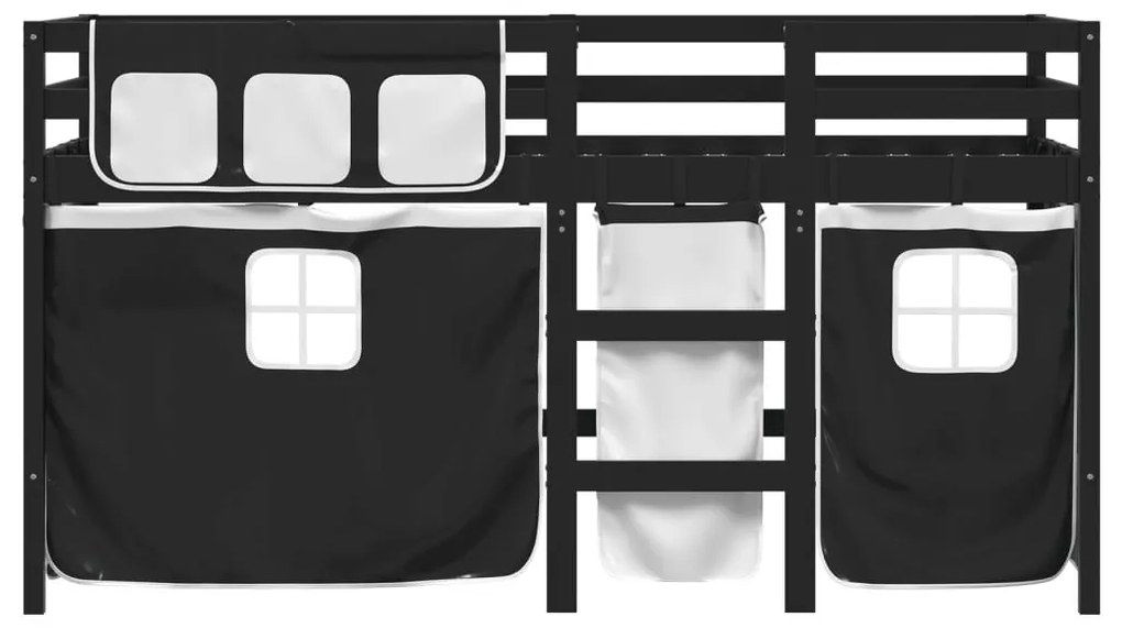 Υπερυψ. Κρεβάτι με Κουρτίνες Λευκό/Μαύρο 80x200 εκ. Μασίφ Πεύκο - Λευκό