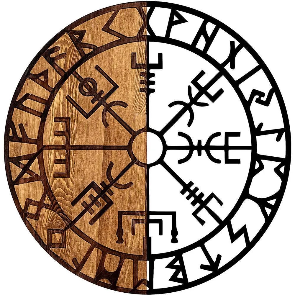 Διακοσμητικό Τοίχου Vegvisir 899SKL2318 Φ56cm Walnut-Black Wallity Μέταλλο,Ξύλο