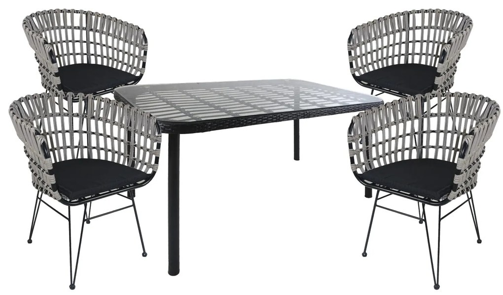 Σετ Τραπεζαρία Κήπου ArteLibre AMPLAS Μαύρο Μέταλλο/Rattan/Γυαλί Με 4 Καρέκλες 14990389-14990389