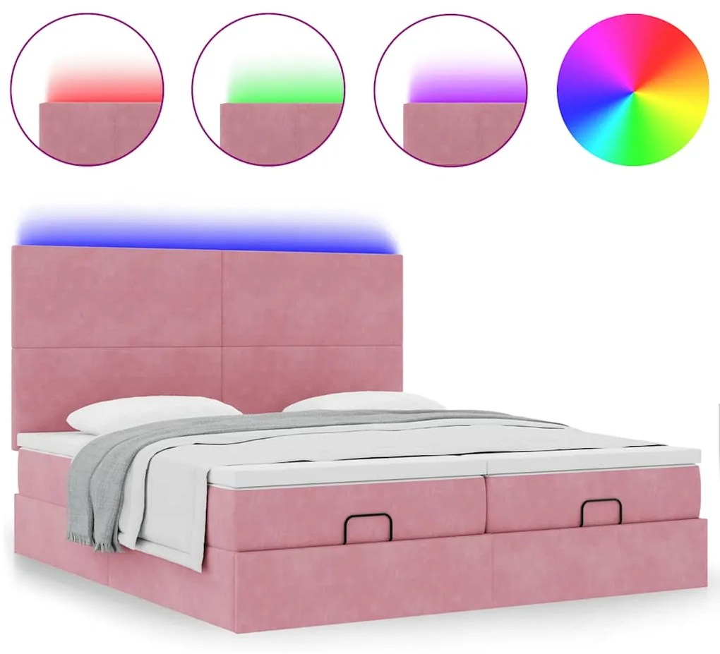 vidaXL Οθωμανικό κρεβάτι με στρώματα & LEDs Ροζ 200x200cm Velvet