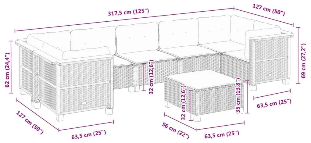 Σαλόνι Κήπου Σετ 8 Τεμαχίων Γκρι Συνθετικό Ρατάν με Μαξιλάρια - Γκρι