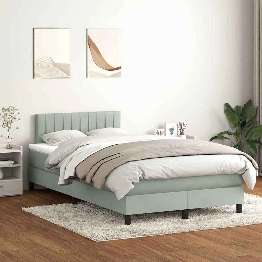 Κρεβάτι Boxspring με Στρώμα Ανοιχτό Γκρι 120x210 εκ. Βελούδινο - Γκρι