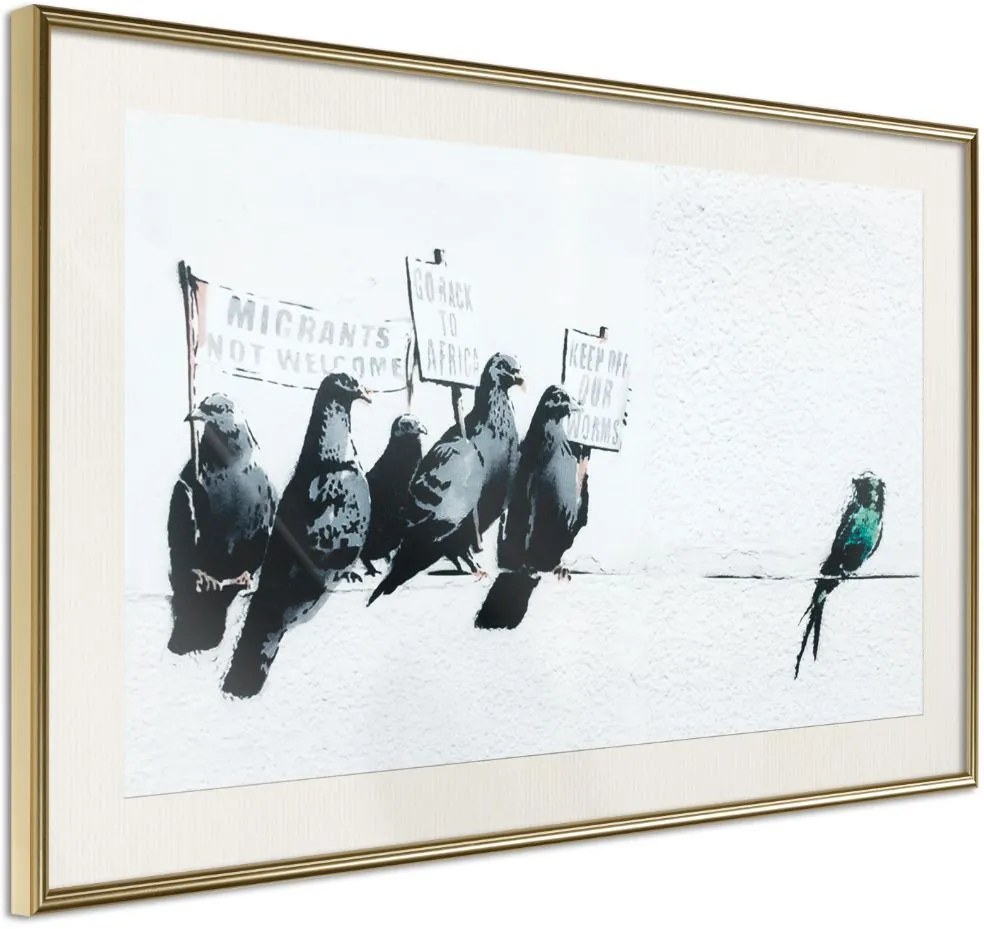 Αφίσα - Banksy: Pigeons - 45x30 - Χρυσό - Με πασπαρτού