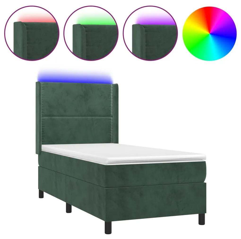 vidaXL Κρεβάτι Boxspring με Στρώμα & LED Σκ. Πράσινο 90x190 εκ Βελούδο