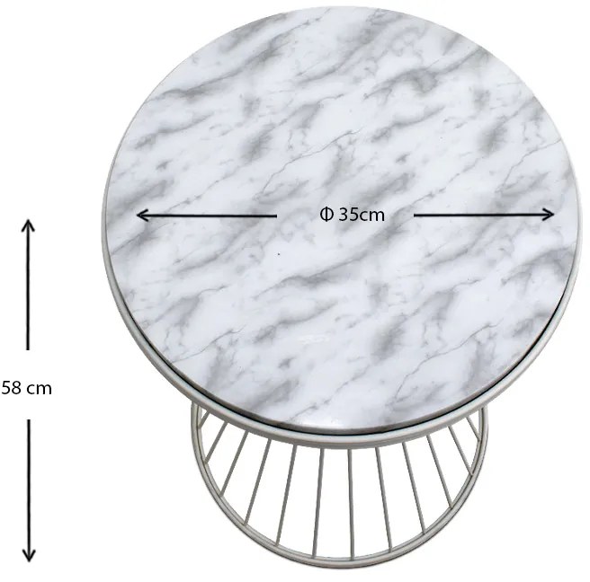 Τραπεζάκι βοηθητικό Hoffman Megapap μεταλλικό - Mdf χρώμα λευκό - λευκό εφέ μαρμάρου 35x35x58εκ.