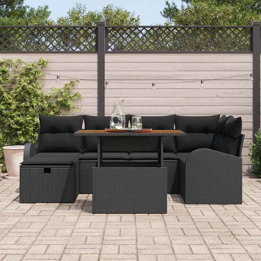vidaXL Σετ Καναπέ Κήπου με μαξιλάρι 7 pcs Μαύρο Πολυ ράταν