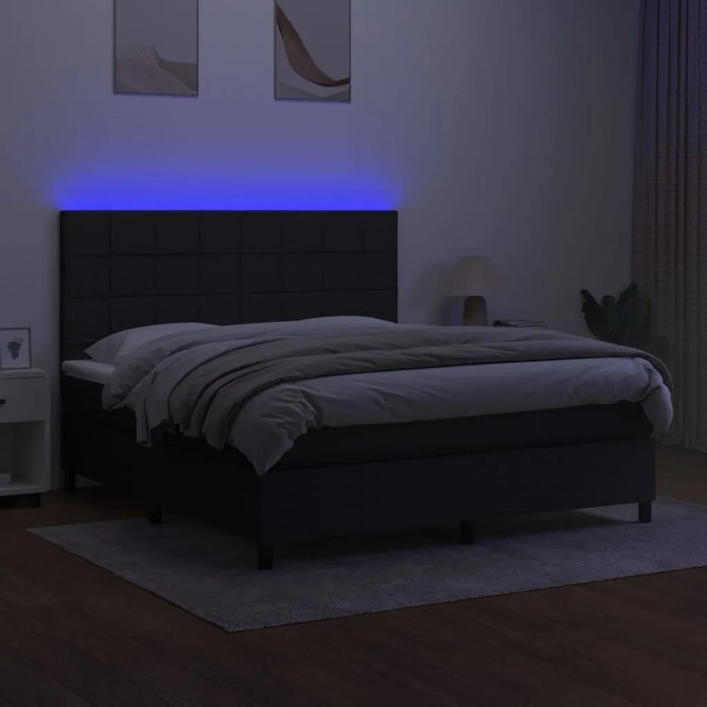 Κρεβάτι Boxspring με Στρώμα &amp; LED Μαύρο 180x200 εκ. Υφασμάτινο - Μαύρο