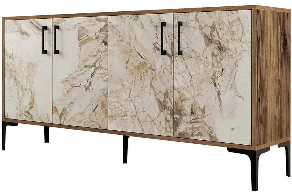 Μπουφές Kiev 845HCT5324 160x35x78cm Marble Effect White-Walnut Μοριοσανίδα, Μέταλλο