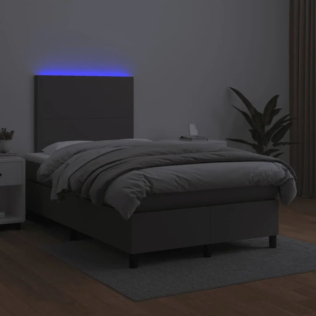 vidaXL Κρεβάτι Boxspring με Στρώμα & LED Γκρι 120x190 εκ. Συνθ. Δέρμα