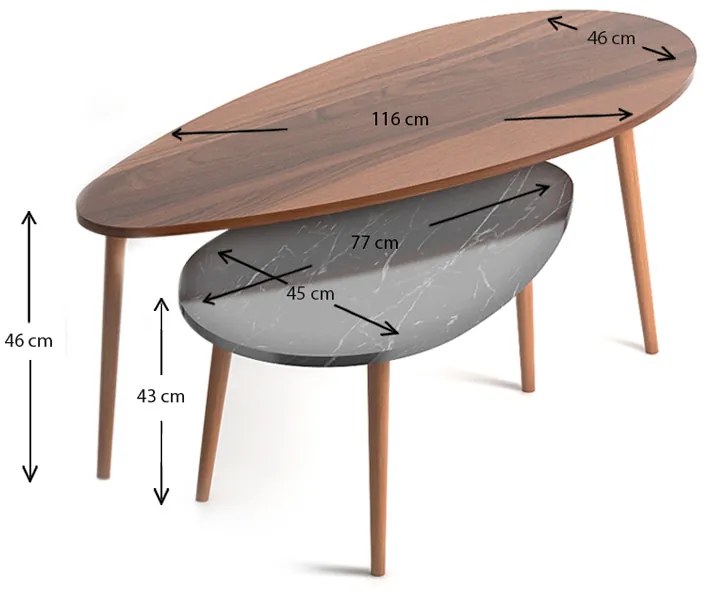 Τραπεζάκια βοηθητικά Elips Megapap χρώμα καρυδί - μαύρο εφέ μαρμάρου 116x46x46εκ.