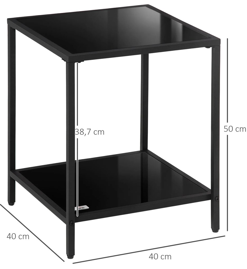 HOMCOM Τραπεζάκι σαλονιού με σκληρυμένα γυάλινα ράφια, 2 επίπεδα, κλασικό σχέδιο με μεταλλική δομή, μαύρο