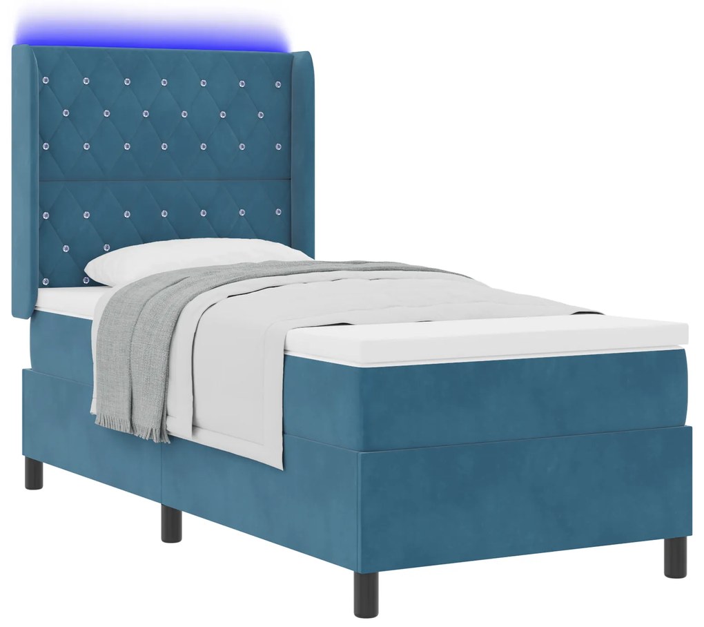 vidaXL Κρεβάτι με Στρώμα & LED Σκούρο Μπλε 90x200 εκ Βελούδο