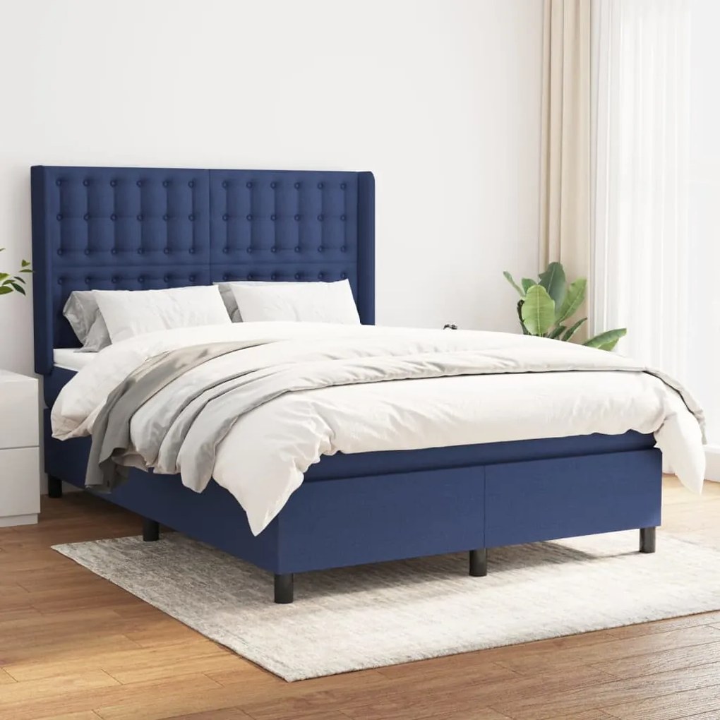 Κρεβάτι Boxspring με Στρώμα Μπλε 140x190 εκ. Υφασμάτινο - Μπλε