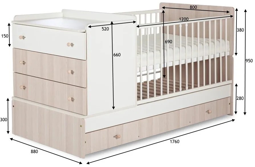 Κρεβατάκι μωρού Elgin 101, 80x120, 80x170, 95cm, 96 kg, Τάβλες για Κρεβάτι, Δεν ρυθμίζεται, Ρυθμιζόμενο ύψος ύπνου, Άσπρο, Ξύλο: Πεύκο | Epipla1.gr