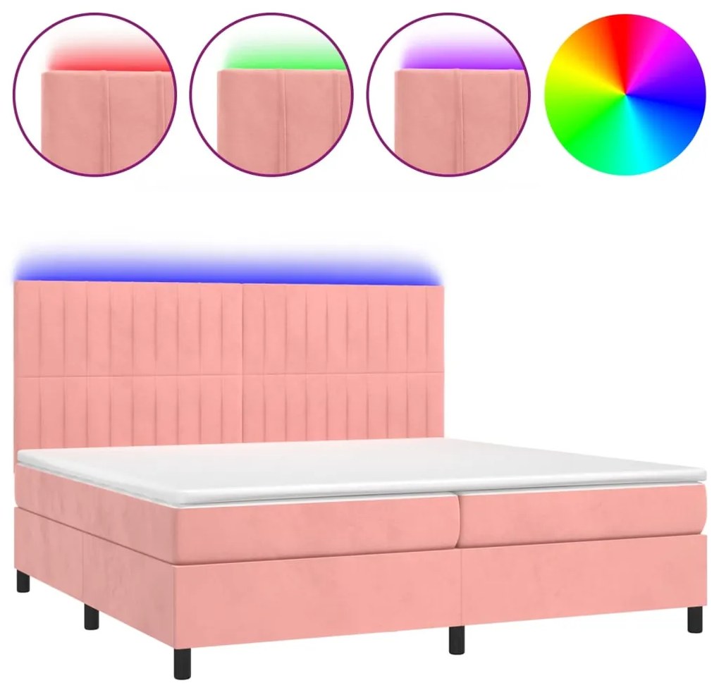 vidaXL Κρεβάτι Boxspring με Στρώμα & LED Ροζ 200x200 εκ. Βελούδινο