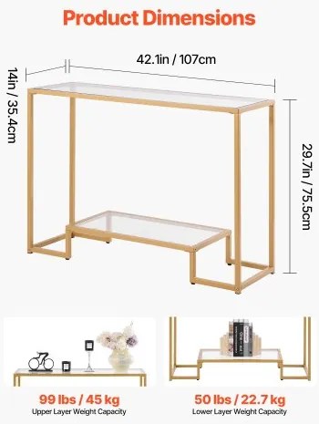 VEVOR 2-Tier Glass Console Table Rectangle Sofa Side Table with Anti-Tip Golden