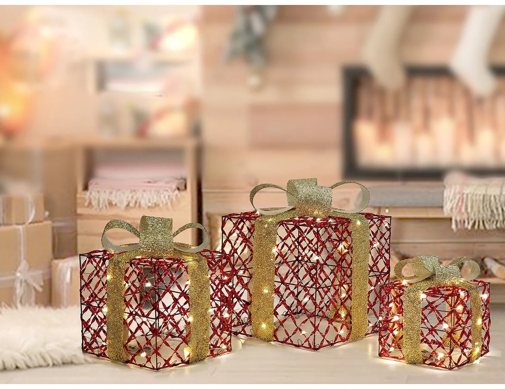 Χριστουγεννιάτικο Σετ Πακέτα Με 90 MicroLED Κόκκινο/Χρυσό 3Τμχ