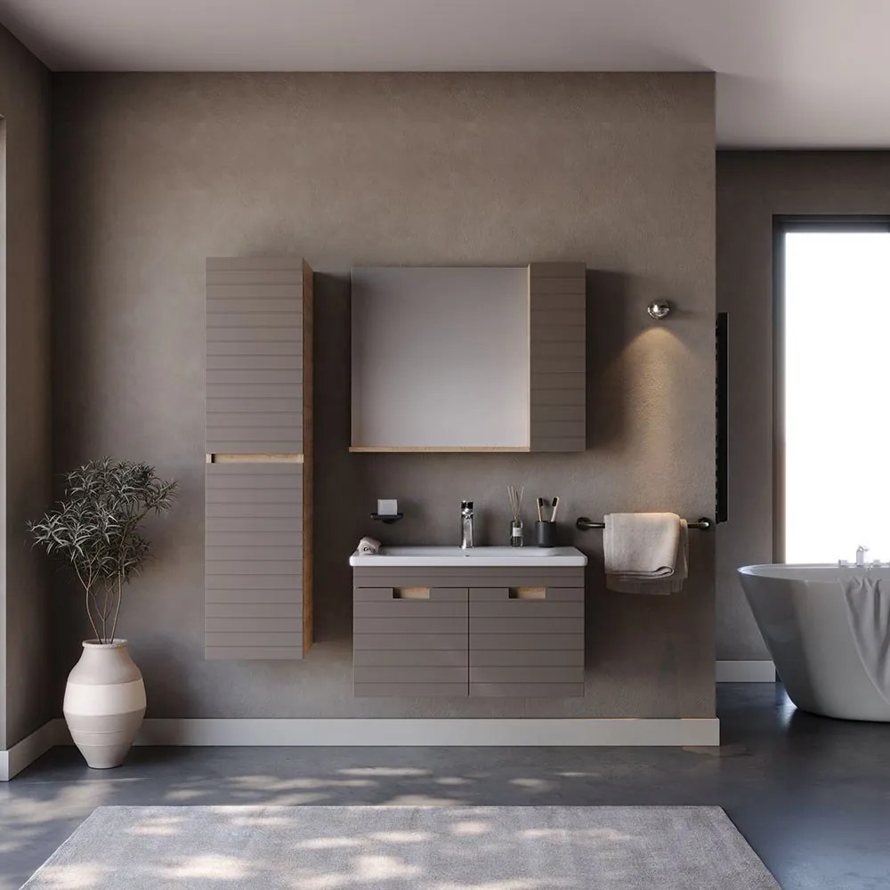 Έπιπλο Μπάνιου Πάγκος Με Νιπτήρα &amp; Καθρέφτη Vega 80 9SVEG080CAM 80x45,5x49cm / 80x15,6x68cm Capuccino Κεραμικό,Mdf