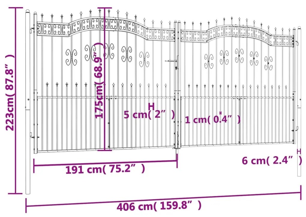 vidaXL Πόρτα Φράχτη με Ακίδες Μαύρη 406x223 εκ. Ατσάλι με Ηλεκτρ. Βαφή