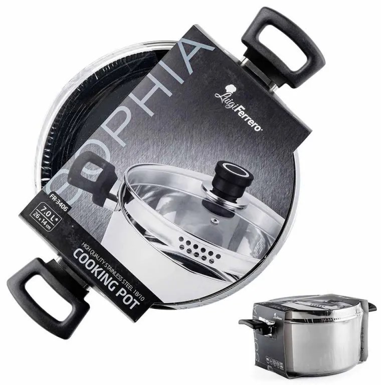 Κατσαρόλα Luigi Ferrero Sophia FR-3406, 26x14 cm, 7 l, Ατσάλι 18/10, Γυάλινο καπάκι, Επαγωγή, Inox