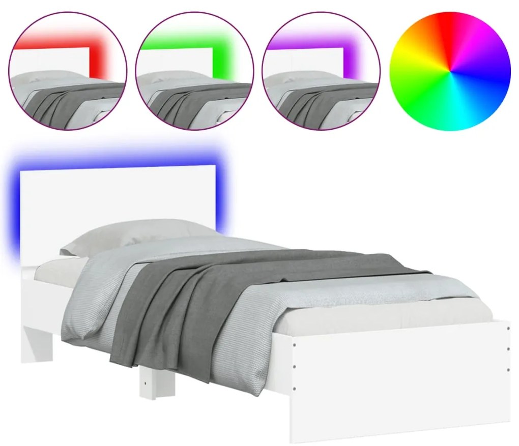 vidaXL Πλαίσιο Κρεβατιού με Κεφαλάρι &amp; λυχνίες LED Λευκό 75 x 190 εκ.