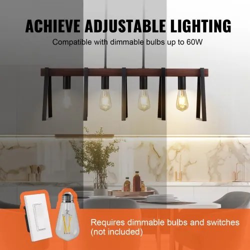VEVOR 4-Light Kitchen Island Pendant Lights 60W Adjustable Dining Room Light E27
