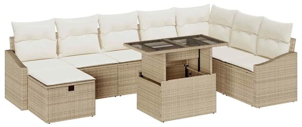 vidaXL Σετ Καναπέ Κήπου με μαξιλάρι 9 pcs Μπεζ Πολυ ράταν