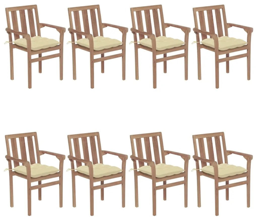 3073450 vidaXL Καρέκλες Κήπου Στοιβαζόμενες 8 τεμ. Μασίφ Ξύλο Teak &amp; Μαξιλάρια Λευκό, 1 Τεμάχιο