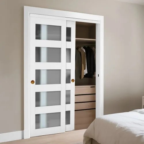 VEVOR Sliding Closet Door, 1219mm (Double 635mm) x 2032 mm, 5-Lite Frosted Glass Bypass Sliding Doors with Hardware Kit, Solid Wood &amp; MDF Slab with Waterproof PVC Surface for Closets Bedrooms