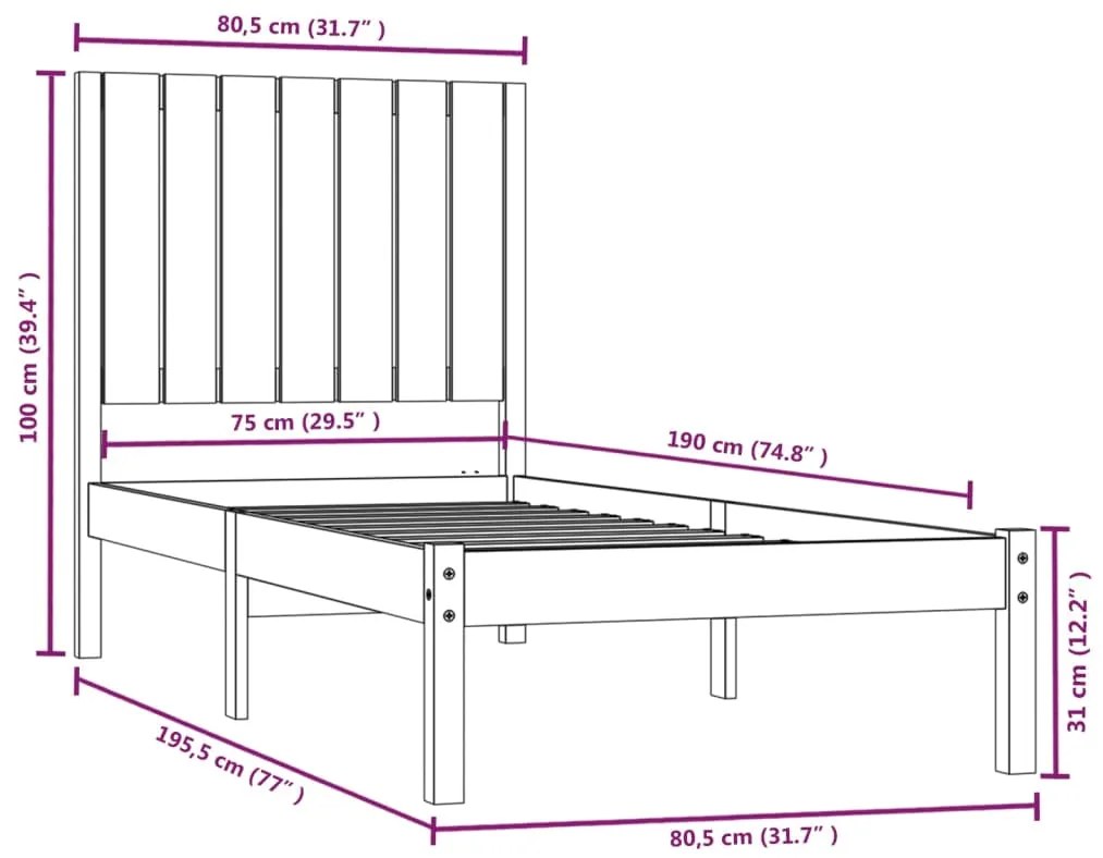 vidaXL Πλαίσιο Κρεβατιού 75 x 190 εκ. από Μασίφ Ξύλο Small Single