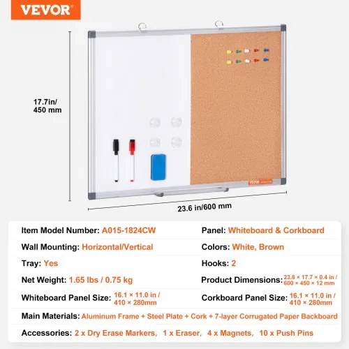 VEVOR 24"x 18" Whiteboard & Cork Board Combo with Aluminum Frame for School Home
