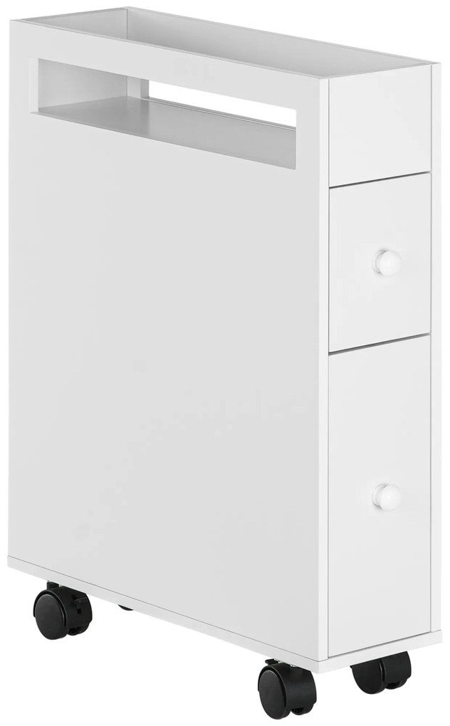 HOMCOM Τρόλεϊ Εσοχής Ντουλάπι Μπάνιου Τροχήλατο, στενό σχέδιο, δύο συρτάρια, τέσσερις ρόδες, λευκό, 16 x 49,5 x 66 cm