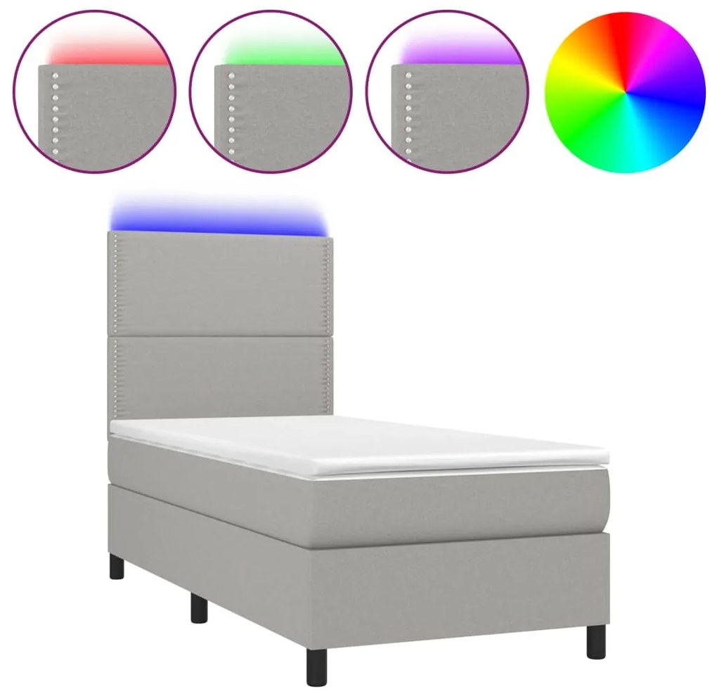vidaXL Κρεβάτι Boxspring με Στρώμα &amp; LED Αν.Γκρι 90x190 εκ. Υφασμάτινο