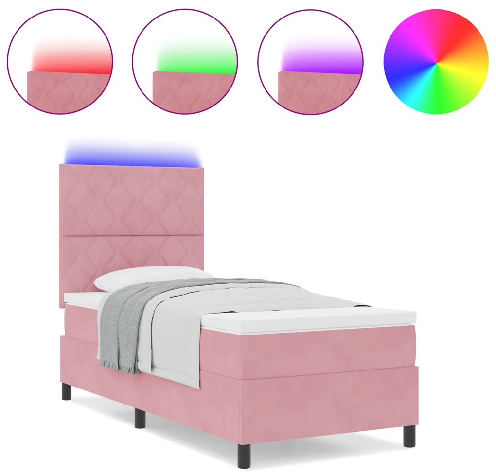 vidaXL Κρεβάτι Box Spring με Στρώμα & LED Ροζ 90x190 εκ. Βελούδου