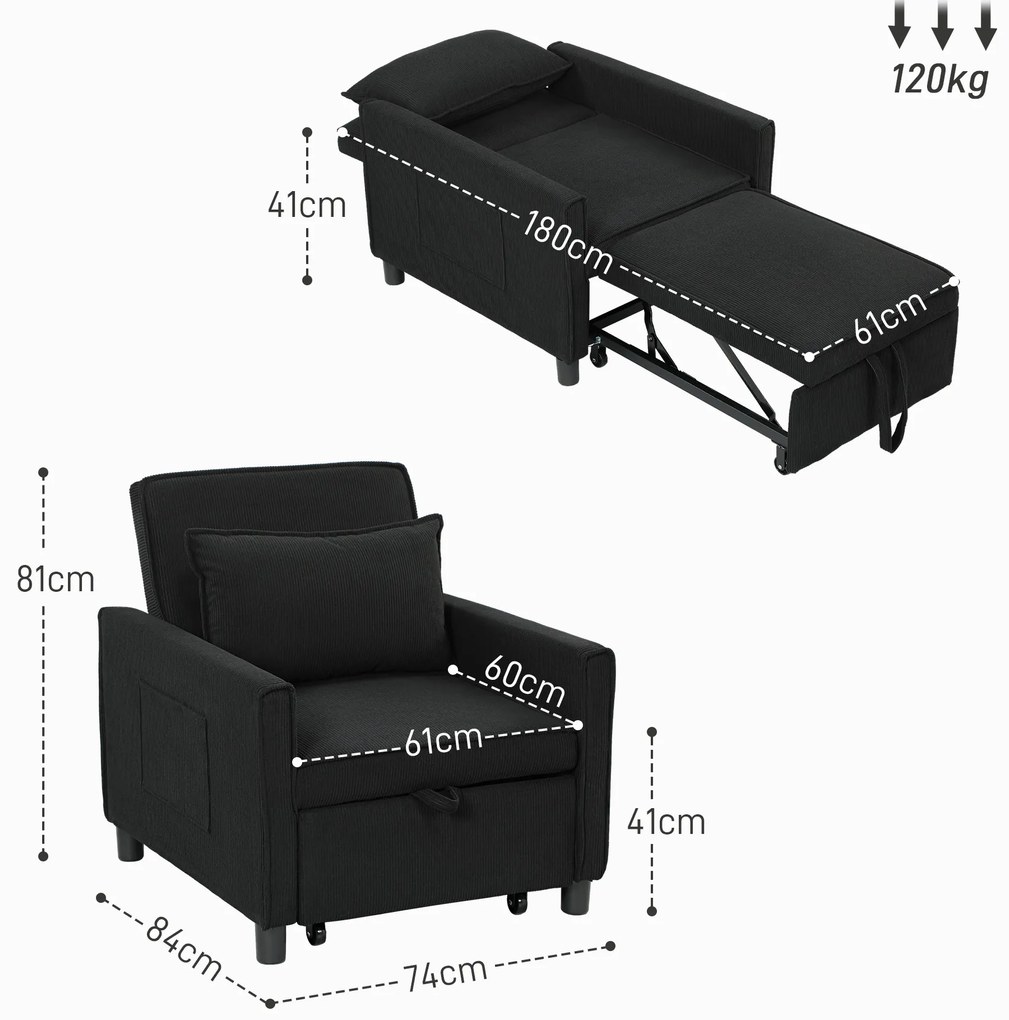 Πολυθρόνα-κρεβάτι HOMCOM, ρυθμιζόμενη, 3 θέσεις, κάλυμμα κοτλέ, έως 120 kg, μαύρο