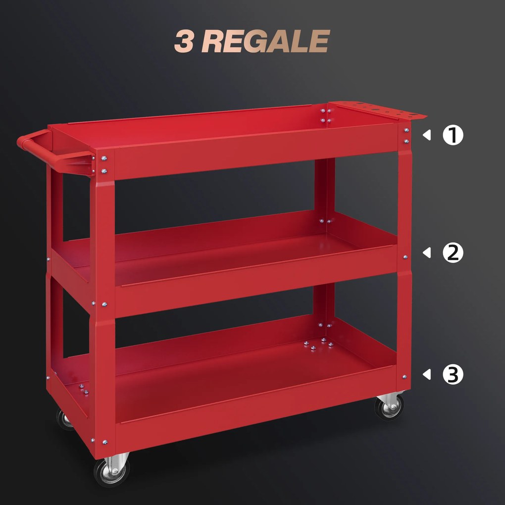 DURHAND Τρόλεϊ Εργαλείων 3 Επιπέδων, 4 Ρόδες, Ατσάλι, 83Π x 35,3Β x 76Υ cm, Κόκκινο