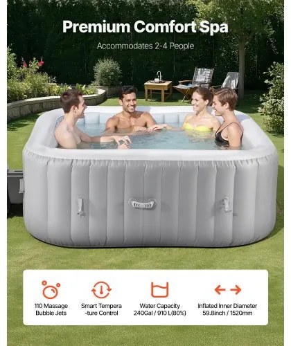 VEVOR Inflatable Hot Tub 4 to 6 Person 1850 x 660mm Square Portable Outdoor Spa