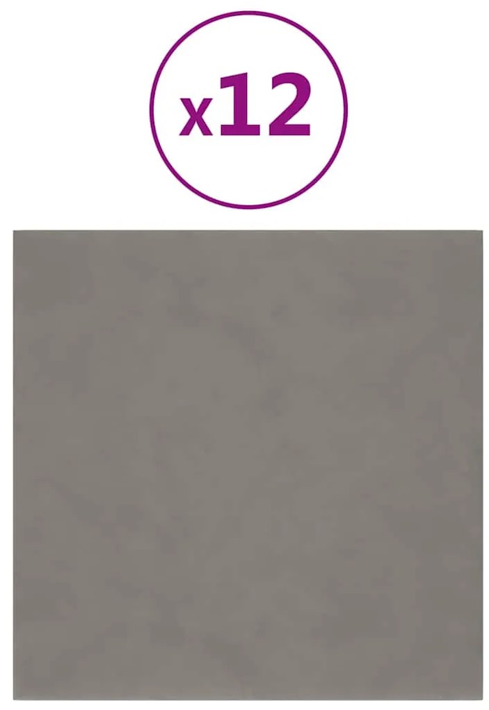 vidaXL Πάνελ Τοίχου 12 τεμ. Ανοιχτό Γκρι 30x30 εκ. 1,08 μ² Βελούδο