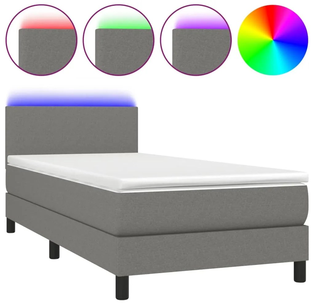 vidaXL Κρεβάτι Boxspring με Στρώμα &amp; LED Σκ.Γκρι 80x200 εκ. Υφασμάτινο