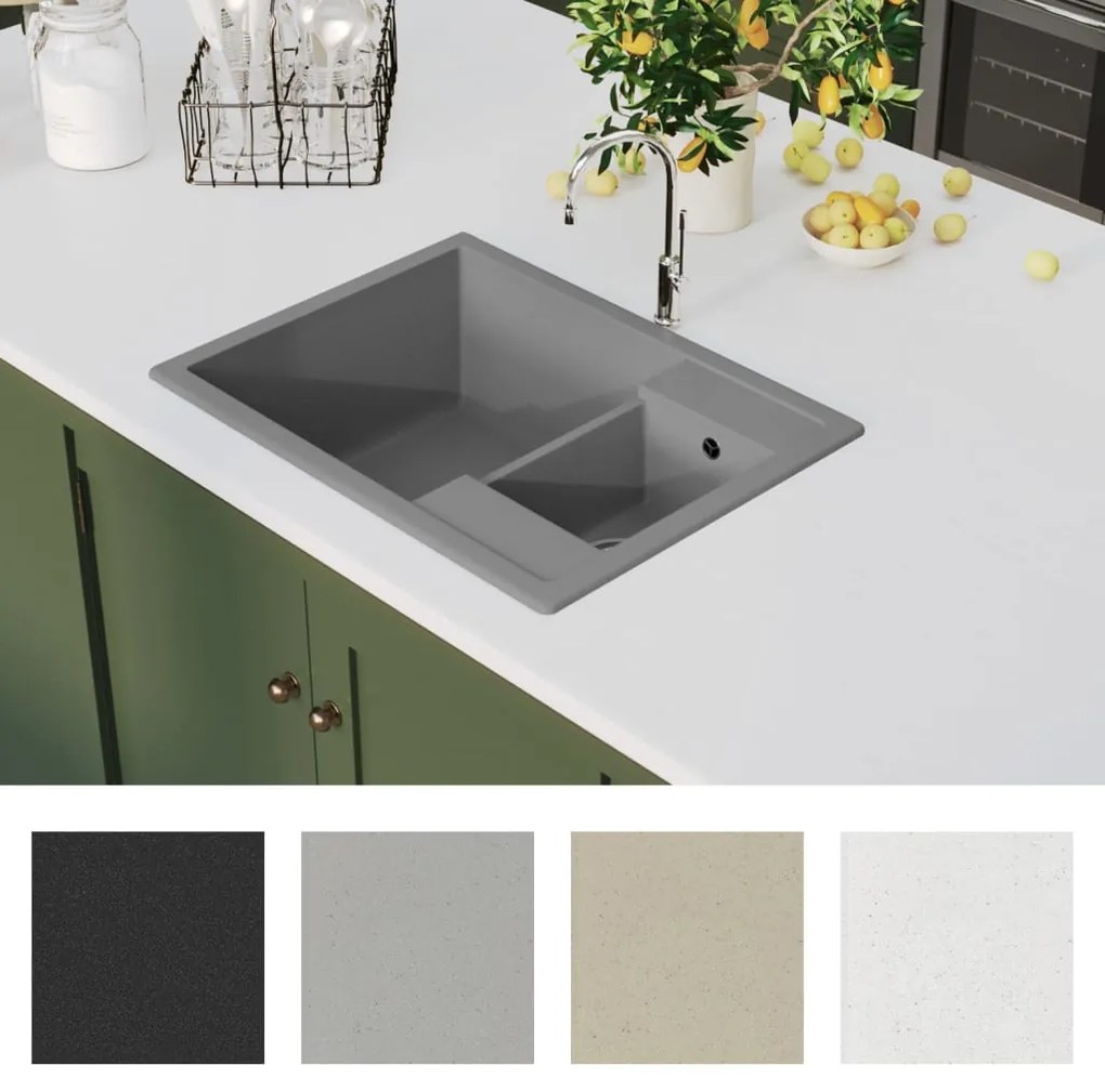 vidaXL Νεροχύτης με Δύο Γούρνες & Οπή Υπερχείλισης Γκρι Γρανιτένιος