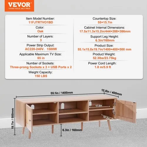 VEVOR Rattan TV Stand for 65&quot; TV Boho TV Stand with Build-in Socket Oak