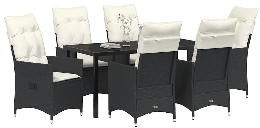vidaXL Σέτ φαγητού για κήπο με μαξιλάρι 7 pcs Μαύρο Πολυ ράταν