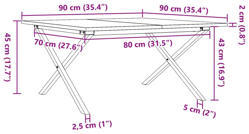 Τραπεζάκι Σαλονιού Πλαίσιο Χ 90x90x45εκ Μασίφ Πεύκο/Χυτοσίδηρος - Καφέ