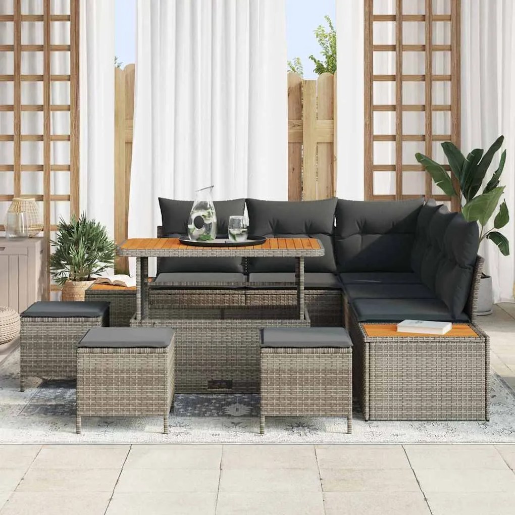 vidaXL Σετ Καναπέ Κήπου με μαξιλάρι 9 pcs Γκρι Πολυ ράταν