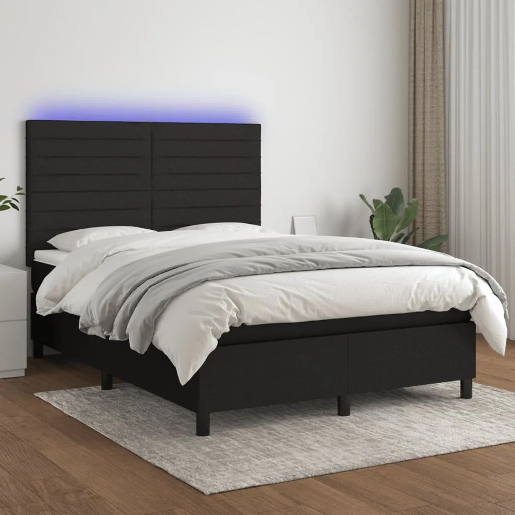 vidaXL Κρεβάτι Boxspring με Στρώμα &amp; LED Μαύρο 140x190 εκ. Υφασμάτινο