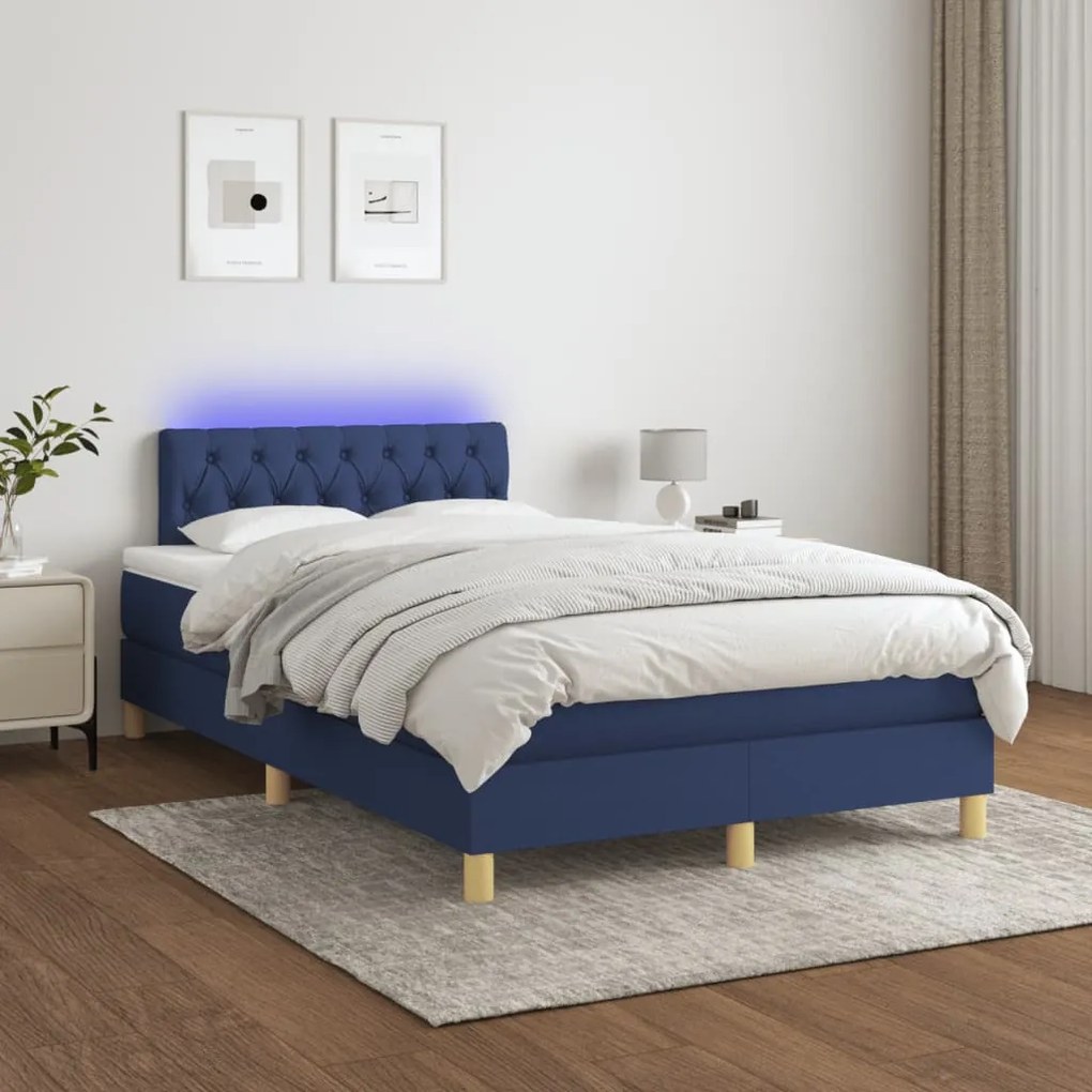 vidaXL Κρεβάτι Boxspring με Στρώμα & LED Μπλε 120x190εκ. Υφασμάτινο